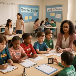 Wide-angle photorealistic editorial of a calm, organized classroom showing practical routines and station-based logistics: multiple small groups (2–4) at tables, a larger group (4–6) together, a teacher leading a focused small group nearby; clearly labeled areas—Teacher Station, Digital Station (tablets), Practice Station (worksheets and manipulatives); students wear role badges (Timekeeper, Reporter, Checker, Materials Manager), carry clipboards with checklists and short rubrics, and use visible timers while a teacher holds a timer and a hand bell signals transitions; prepared materials in labeled bins and an orderly carousel-style movement under warm natural light, diverse students and teacher, high-resolution realism suitable for an article illustration.