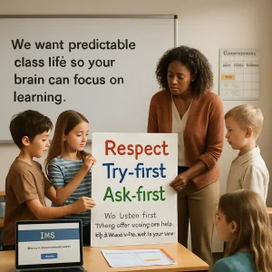 Warm, photorealistic wide shot of a bright modern classroom where a diverse teacher and students co-create a colorful poster reading 'Respect • Try-first • Ask-first.' A projector and whiteboard show the purpose quote 'We want predictable class life so your brain can focus on learning.' An LMS banner on a student device displays the clear button 'Please take the quiz to proceed:' The teacher models attentive listening as a pair of students rehearses a role-play and another student receives calm, firm feedback. A small wall chart reads 'Consequences: Firm · Kind · Restorative,' a sticky note on the weekly planner says 'Revisit weekly,' and a short class charter on the poster reads 'We listen first. We try before asking for help. We share air time and respect ideas.' Natural warm daylight, shallow depth of field, editorial photorealism, calm inviting atmosphere — ideal header for an article on setting expectations step-by-step.