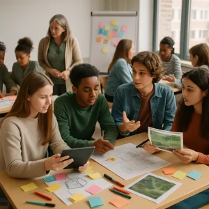 Candid photorealistic scene of diverse middle/high‑school students in small groups during a problem‑based learning task — arranging colorful sticky notes, sketching diagrams and simple cost calculations on posters, consulting a tablet and a printed photo of a nearby green lot while one student gives a quick pitch; a teacher circulates as facilitator in warm natural daylight, shallow depth of field and rich tactile details of paper, markers and school supplies.