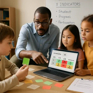Photorealistic editorial image of a modern elementary classroom capturing a calm, student-centered learning-analytics moment: a diverse teacher kneels with a small group while one student holds a green/amber/red "confidence" sticky note and the teacher points to a laptop screen showing a simple spreadsheet with large, clear numbers — class average, SD, and three columns for exit-ticket Q1/Q2/confidence with green/amber/red conditional formatting. Paper exit tickets and sticky notes are scattered on the table, a clipboard with a three-item observation checklist rests nearby, and a whiteboard in the background lists "3 indicators" with short bullet points. Warm natural light, shallow depth of field, and high detail create an empathetic, practical instructional photograph ideal for a magazine feature on "Learning analytics basics."