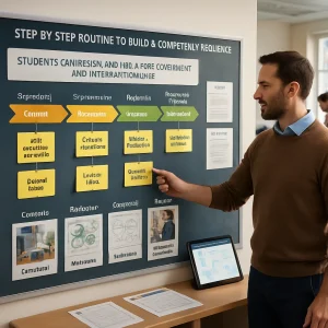A photorealistic classroom planning scene centers on a wall board titled "Step-by-step routine to build a competency sequence" with the competence phrase "Students can design and run a fair experiment and interpret results." SOLO-labeled columns (Unistructural, Multistructural, Relational, Extended Abstract) hold color-coded sticky notes and index cards listing micro-skills—ask testable questions; measure variables; control confounds; record data; analyze evidence; communicate findings—while arrows trace a clear novice→expert progression. Printed task cards show hands-on lab setups in the Concrete column, diagrams and models in Conceptual, reflective journals and group maps in Reflection, and independent projects and presentations in Transfer. Visible rubrics, checklists, and a tablet displaying assessment data and a branching remediation flowchart flank the board as students practice experiments at small tables and present posters to peers in natural daylight; shallow depth of field keeps the board and hands in crisp focus.