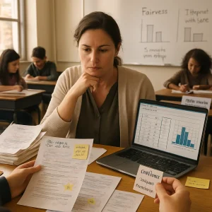 Photorealistic, documentary-style scene of a calm classroom moment: a thoughtful teacher at a wooden desk reviews a laptop gradebook displaying a histogram and boxplot while a stack of annotated final exams—red and blue markings and sticky notes reading things like "You explained the first step — great!" and "Next, show why you chose that operation"—sits nearby. In the foreground a student-led conference unfolds: a student holds an annotated paper and a self-rating card reading "Confident / Somewhat / Not confident" as the teacher points to a highlighted solution. In the background a small group writes 3-minute exit reflections on cards labeled "What helped? One next step" beneath a whiteboard with simple item-analysis charts and the words "Fairness" and "Interpret with care"; warm natural window light, shallow depth of field, candid composition, diverse students and teacher, calm professional tone.