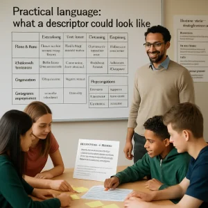 Photorealistic magazine-style classroom scene: a mid-30s diverse teacher stands beside a whiteboard where a crisp, legible 4x4 rubric grid is front-and-center, columns labeled "Thesis & focus", "Evidence & relevance", "Organisation", "Language & conventions" and rows marked Exemplary ("Clear, original thesis; stays focused"), Proficient ("Clear thesis; mostly focused"), Developing ("Thesis unclear or inconsistent focus"), Beginning ("No clear thesis; off topic"). A smaller "Metacognition (add-on)" table lists Planning, Monitoring, Evaluating with one-line descriptors; to the right a poster reads "Holistic rubric — Oral presentation" with four compact level summaries. In warm natural light, teens of diverse backgrounds cluster in the foreground around a table, co-constructing a rubric on sticky notes and pointing to an exemplar essay annotated with formative feedback: "Organisation — Proficient. Thesis is clear; work on stronger transitions between paragraphs (add a linking sentence that explains how Claim 1 leads to Claim 2)"; shallow depth of field and candid documentary composition keep the whiteboard text and key phrases sharp and readable for a professional article header.