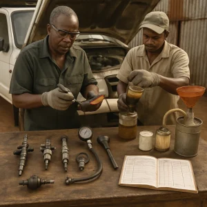 Documentary-style portrait of a modest African roadside diesel workshop where a middle-aged mechanic and his younger assistant work under the open hood of a medium-duty truck; one probes a common-rail injector with a multimeter while the other drains a transparent fuel-filter water-separator bowl showing dirty fuel and water. A worn wooden workbench in the foreground displays unit injector, unit pump and common-rail examples alongside low-cost maintenance tools (manual primer hand pump, compression tester, torque wrench, simple filter bowl and spare elements), a gravity-feed funnel over a clean canister, a handwritten logbook and a basic wiring harness. Warm natural light, shallow depth of field and high-detail textures—oil stains, rust, corrugated tin walls and clay floor—emphasize practical, low-cost diagnostics and repair in a resource-constrained African setting, with visible gloves and safety glasses adding a human, safety-conscious touch.