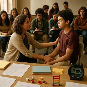 Documentary-style classroom: a teacher kneels beside a single student center stage modeling a one-minute roleplay while clusters of diverse peers watch in small groups. Observers quietly jot on clipboards and sticky notes; desks are scattered with handwritten notes and blank verdict forms. A table holds dice, colored lanyards and tokens implying rotating roles, a visible stopwatch counts down, and a neat stack of three colored index cards with a small four-rung ladder prop evokes the information ladder. Warm natural light, shallow depth of field and realistic textures create a thoughtful, engaged atmosphere; no visible text or labels.