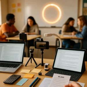 A warm, photoreal classroom close-up captures a teacher workstation and student pair table mid think–pair–share: laptop and tablet open to intentionally blurred notes, a smartphone on a tripod and a document camera aimed at student papers, sticky notes and index cards and a small printed rubric softly out of focus. A glowing circular progress ring projected on the whiteboard sets the tempo as calculators, rulers and pens lie neatly arranged, with diverse students gently blurred in the background—an intimate portrait of focused, tech-enabled collaboration.