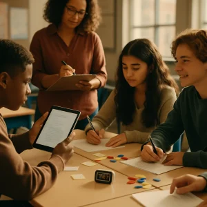 Warm, cinematic classroom moment showing a diverse group of middle/high-school students working in pairs on a Think-Pair-Share math task: one student holds a tablet with its screen intentionally blurred, blank or face-down cards and colorful tokens are scattered on the table, a compact digital timer ticks nearby while another student writes as the recorder, and a teacher stands close by observing and taking notes — captured in natural daylight with shallow depth of field and a candid documentary style; no readable text or labels are visible.