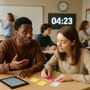 A photorealistic scene of a modern, diverse classroom during focused pairwork: in the foreground two students lean together—one speaking and gesturing while the other writes on colorful sticky notes and places a small card showing only empty checkboxes and check marks. A tablet with a blank grid sits between them. A projected countdown timer and a large wall clock keep time while a teacher annotates a blurred whiteboard with highlighted underlines in the background. Nearby pairs exchange ideas and a student records non-readable scribbles on a flipchart. Warm natural light, candid expressions and a shallow depth of field emphasize collaboration; no legible text or labels are visible.