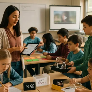 Photorealistic classroom scene at the start of a lesson: a teacher taps a tablet with an unreadable checklist as students begin warm‑up worksheets; small groups collaborate around tables with colored role cards (no text); a Materials Manager hands safety goggles and a tray of science equipment to classmates; a visible digital timer counts down on a desk and an exit‑ticket box holds blank slips; a whiteboard objective/success criteria panel and projector thumbnail are deliberately out of focus (no legible text), all lit by natural daylight; diverse teacher and students captured in a candid documentary composition with crisp detail.
