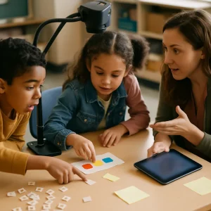 A candid classroom moment capturing three students in a Think–Pair–Share activity: one arranges three colored counters into ordered slots while a peer points and explains, a teacher kneels nearby gesturing toward a deliberately blurred tablet, and an overhead document camera records the hands-on work. Warm natural light and shallow depth of field highlight expressive faces, cooperative gestures, and realistic materials—sticky notes and letter tiles are scattered but intentionally unreadable—conveying collaborative problem-solving and the tactile joy of early math learning.