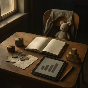 A cinematic, photoreal still life of a sunlit, worn wooden school desk by a window: an empty chair draped with a faded child's jacket and a well‑loved stuffed toy hint at absence. Carefully arranged artifacts—vintage store items, loose coins and a folded receipt, an open leather notebook with blank pages and a folded photograph, a tablet or paper showing an unlabeled abstract bar chart and a pencil, and a small pyramid of wooden blocks—layer history, creative writing and data inference in warm natural light, muted tones and shallow depth of field.