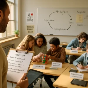 Photorealistic wide-angle classroom bathed in warm natural light: a teacher in the foreground holds a clipboard showing a legible checklist with checked items like "elicited prior knowledge," "authentic central task," and the cycle "experience → reflect → conceptualize → test"; diverse students work in small groups at role-labeled tables (Facilitator, Recorder, Timekeeper), building a hands-on model, writing in reflection journals, using manipulatives and tablets, with metacognition prompt cards reading "What strategy did you use? What will you try next?" A whiteboard diagrams the four-stage cycle with arrows, a sticky-note scaffold plan and a fading-support timeline; the teacher observes and gives formative feedback on a tablet while growth-mindset posters encourage risk-taking and valuing mistakes. Candid editorial composition, shallow depth of field, high resolution, natural color grading, no students passively seated.