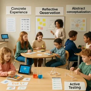 Photorealistic image of a modern, inclusive classroom arranged as a clear Kolb learning cycle in a circular layout with four labeled stations: "Concrete Experience"—young children at a tactile science station with sensory materials, simple structure charts, a tablet showing a simulation and beakers for hands-on experiments; "Reflective Observation"—a mixed-age small group quietly jotting in notebooks and sharing sticky notes and sketches; "Abstract Conceptualization"—teacher at a whiteboard synthesizing concepts with diagrams while older students engage with abstract models; "Active Testing"—students building and testing mini-projects and prototypes and swapping feedback. Visible signage and routines show Piaget age-fit (younger learners with simpler, sensory routines and clear step prompts; older learners with abstract expectations and independence). To the side, a visual contrast for serialists vs holists: a neat step-by-step agenda checklist on a clipboard next to a large colorful big-picture mind-map poster. A small tablet kiosk in the corner displays the subtle UI prompt "Please take the quiz to proceed." Diverse learners (varying ages, ethnicities, abilities), warm natural daylight, realistic textures, soft shallow depth of field, high resolution and crisp details; balanced composition suited for an educational article.