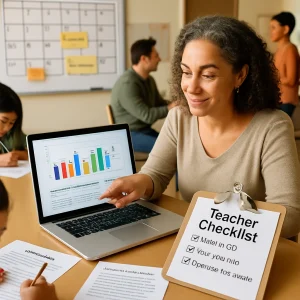 Photorealistic classroom scene of a diverse teacher gently smiling and pointing at a laptop displaying a clear colorful bar chart with means and SD error bars and an item-analysis table; a prominent clipboard labeled 'Teacher Checklist' with checkboxes like 'mean + SD,' 'item analysis,' 'reassess in 2–3 weeks'; a printed one-paragraph summary labeled 'For students / parents / leaders' in kind, encouraging language on the table; nearby two students complete self-evaluation sheets while another student leads a short conference with a parent and teacher in the background; a classroom wall calendar highlights 2–3 week cycles with sticky notes marking iterative instruction and reassessment; warm natural light, shallow depth of field and candid documentary composition convey empathy, collaboration, and practical data habits ideal for an article header.