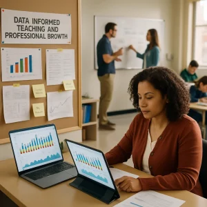 A warm, photorealistic editorial scene showing a diverse teacher in the foreground intently reviewing a laptop and tablet filled with colorful student performance dashboards and charts. Nearby, a corkboard displays printed charts, student work samples, and sticky notes labeled Intervention Plan and PD Goals; in the midground two colleagues collaborate at a whiteboard over a timeline and action steps while small groups of students work independently in the background. Natural window light, shallow depth of field, and realistic textures create a clean, professional composition that conveys collaborative, data-driven professional growth.