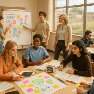 Photorealistic, documentary-style classroom scene of diverse high-school teens (14–17) clustered in small groups around flipcharts covered in colorful sticky notes and hand-drawn pictorial sketches of parking rows, a playground and a community garden (no written words). Tablets, printed fact sheets, markers and pens scatter the tables and a visible kitchen timer ticks down as a teacher circulates and listens; one group stands to present while classmates jot suggestions on sticky notes. Warm natural daylight from a window reveals an unused urban lot with weeds, a chain-link fence and nearby shops, and the high-resolution, candid composition emphasizes textured, realistic school furniture and active civic collaboration.