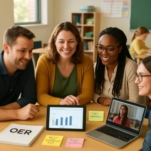 Photorealistic scene of a warm-faced teacher, a parent, a speech/special-education specialist and a colleague leaning in collaboratively at a round table over a tablet showing a simple progress chart; an open binder labeled "OER" and a laptop with a paused short webinar sit nearby, while sticky notes and a small notebook display handwritten reminders like "Try 1 adaptation/week" and "week 1: chunking." Soft window light and shallow depth of field reveal a calm student in the blurred background working with a chunked worksheet and one-on-one support—everyone smiling and at ease, with composed negative space at the top-left for a headline.
