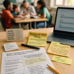 Editorial overhead of a teacher’s desk bathed in warm window light, centered on a printed rubric titled Rubric elements for competence outcomes with highlighted rows for Accuracy & correctness, Depth of reasoning / conceptual understanding, Application / transfer, Communication & justification, Collaboration and Metacognitive awareness; an example cell reads Meets standard: solves correctly, explains reasoning clearly, applies concept in a novel context, and reflects on strategy. Nearby sticky notes and index cards show Pitfalls & Quick Fixes (e.g., Activity: Students will complete project X → Fix: Design, test, and revise X to solve Y; Vague: understand photosynthesis → Fix: Explain energy flow and model outcomes when light intensity changes), a cheat-sheet card lists strong action verbs and tips (Start: By the end…, 3–5 meaningful outcomes, Align assessment), a laptop screen shows a before/after objective rewrite, and pens, highlighter marks and pencil annotations add tactile detail; diverse students and a teacher are softly blurred in the background collaborating, finished with crisp typography and magazine-style color grading.