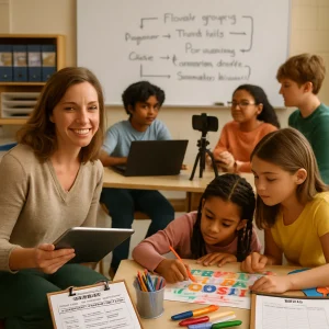 A photorealistic, documentary-style scene of a diverse mixed-ability classroom working in flexible small groups: a teacher kneels in the foreground with a tablet and checklist diagnosing students; nearby a pair creates a colorful poster with art supplies; another group films a short video with a smartphone on a tripod and laptop; a third student types a report. Portfolio binders with timeline photos sit on a shelf; clipboards hold observational checklists and a printed rubric labeled "Emerging / Proficient / Advanced" with metacognitive prompts. The whiteboard in the background shows a clear flow diagram: "Diagnose → Flexible grouping → Tiered tasks → Choice → Peer coaching → Formative checks → Summative transfer." Warm natural light and shallow depth of field give a candid, high-resolution look that emphasizes authentic collaboration, peer coaching, and formative assessment in action.