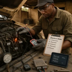 Ultra-photorealistic mid-shot of an experienced mechanic in a modest African roadside workshop, shallow depth of field locking onto the open engine bay and the mechanic’s gloved hands: a digital multimeter back-probing the CKP connector with the other hand attaching a hand vacuum pump to the MAP sensor while a glowing noid light flashes on an injector harness. Foreground tools include a simple mechanical fuel pressure gauge and a compact OBD/J1939 Bluetooth dongle plugged into the vehicle diagnostic port linked to a tablet displaying fault codes; an ECU module with labeled CAN/J1939 wiring rests on the workbench and a clipboard clipped to the fender shows a short "Prioritized checks" list (Power & ground, Fuel supply, Crank/Cam, Rail pressure, Air intake). The scene emphasizes safety—wheel chocks, disconnected battery terminal nearby, gloves and safety goggles—bathed in warm natural light, with realistic textures of oil, grime and corroded connectors, sharp sensor labels (CKP, CMP, MAP, ECT) and an instructional, documentary tone captured at a 35mm perspective.