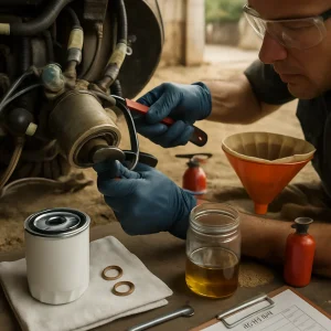 Photorealistic close-up of a mechanic at work: gloved hands and safety goggles unscrewing a spin-on fuel filter with a strap wrench while a new filter, lubricated O-ring and copper crush washers lie on a clean lint-free cloth. A clear plastic container shows drained diesel with visible water separation beside a funnel fitted with a coffee‑filter‑style paper strainer; fuel lines capped with improvised plastic caps and tape, hoses labeled FUEL, a hand primer bulb and transparent bleed tube with no air bubbles are in view. Absorbent sawdust and rags, a small fire extinguisher within reach, simple hand tools and a labeled logbook on the bench frame a dusty, low-resource open-air workshop under natural daylight — high-detail textures, fuel sheen and shallow depth of field give a documentary editorial feel.