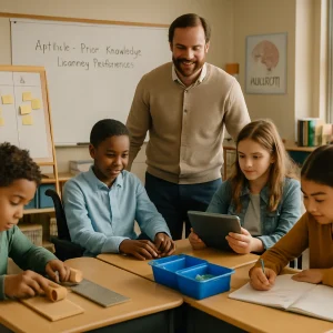 A warm, documentary-style image of a diverse middle-school classroom where a teacher circulates among three small groups: a hands-on toy-car experiment testing different surfaces; a pair using a tablet with adaptive software; and two students creating a concept map and reflecting in a notebook, with a student in a wheelchair included naturally among peers. Details—K-W-L chart and sticky-note concept map on an easel, whiteboard reading Aptitude • Prior Knowledge • Learning Preferences, a simple brain poster about plasticity, an exit-ticket box, printed rubrics, manipulatives and scattered books—sit in sunlit, cinematic daylight; candid, collaborative expressions and varied learning postures are captured in a shallow-depth, 35mm editorial style ideal for an education feature.