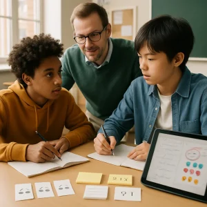 Photorealistic editorial scene of a modern classroom: two diverse students converse intently over open notebooks while a teacher leans in with supportive feedback; on the table neat rubric cards display three round-dot level indicators and a tidy stack of tiny exit-ticket cards and sticky notes show simple 3-2-1 icons (three stars, two lightbulbs, one question icon); a nearby tablet reveals a blurred digital notebook with handwritten math sketches, circled errors and groups of colored counters hinting at confusion between permutations and combinations; warm natural window light, shallow depth of field, high resolution, editorial tone, no readable text or labels.