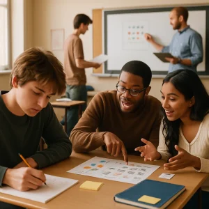 A warm, documentary-style classroom moment capturing the Think–Pair–Share routine: in the foreground a pensive student scribbles a brief, indistinct response; midground a diverse pair leans together, animatedly pointing at a worksheet of colored tokens and picture cards as they refine ideas; background the teacher records a representative solution on an interactive board while monitoring with a blurred rubric, and another student places a concise product on a submission pile. Natural daylight, realistic textures, candid expressions, and shallow depth of field emphasize collaboration and active problem-solving.