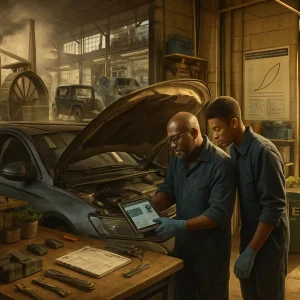 A single cinematic montage tracing technological change from a late‑18th‑century steam engine and waterwheel through a late‑19th‑century electrified assembly line with early automobiles and a late‑20th‑century electronics workshop to a 21st‑century cyber‑physical scene of networked sensors and live data visualizations; foregrounded is a contemporary African automotive workshop where an experienced technician mentors a younger apprentice over a car with its hood open revealing traditional mechanical parts alongside a modern ECU, the technician diagnosing with a tablet showing diagnostic graphs. The scene balances realism and editorial intent: warm natural light, shallow depth of field, detailed textures, a tidy workbench with multipurpose tools, labeled spare parts, notebooks and records, a wall poster with an S‑curve adoption chart and ethics/safety checklist, an e‑waste recycling bin and solar‑powered battery charging station visible outside, signage favoring repairability and open protocols, PPE in use and signs of resource constraints yet professional organization — conveying complexity, ethics, sustainability and practical, locally grounded solutions.
