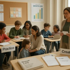 Photorealistic editorial image of a warm, high-resolution classroom where three equal groups labeled "Practice", "Deepen", and "Create" collaborate without hierarchy. A calm teacher kneels to check in with a shy student while another adult reviews exit tickets and reflection cards reading "I can..." and "What helped me learn today". A bulletin board shows a rotating roles chart and a "Growth Stats" poster emphasizing "Number Improved" bars; a table holds a simple logbook labeled "Group Log: composition, objective, outcome" beside formative checklists and clipboards. Warm natural light, diverse ages, ethnicities, and abilities, and inclusive body language convey a supportive, stigma-free atmosphere—ideal for an article about building self-esteem through equitable, formative practices.