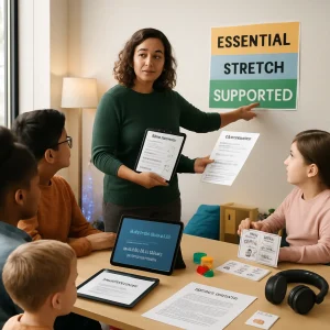 A photorealistic editorial scene of a teacher in a bright, modern classroom reviewing an intake checklist on a tablet and a printed sheet labeled "SEN / IEP / 504" while pointing to a wall poster titled "Essential / Stretch / Supported"; diverse students of different ages and ethnicities — including a child in a wheelchair and another wearing a hearing aid — gather nearby. The desk and room display accommodations and materials (tablets showing captions and a text-to-speech waveform, enlarged-font handouts, visual organizers and simplified instruction cards, tactile manipulatives, diagnostic flashcards and a short assessment task, noise-reducing headphones, multilingual vocabulary cards) and a calm sensory corner with soft lighting and a fidget; warm natural light, shallow depth of field and high-detail textures leave negative space for a headline in this 4K editorial composition.