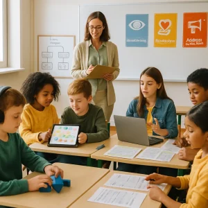 A bright, welcoming classroom captured in a candid editorial frame where Universal Design for Learning is alive: a diverse mix of students — including a child in a wheelchair and a student with hearing aids — engage at multiple stations. One listens to audio narration on a tablet with headphones, another manipulates a 3D geometry model, a pair peer-teach using a colorful concept map on a tablet, a student records a short video explanation on a laptop, and a small group solves a challenge with printed checklists and a rubric while the teacher circulates with a clipboard of formative exit tickets. Warm natural light, crisp textures, a clear advance-organizer on the front whiteboard, and three bright posters labeled Representation (eye), Engagement (heart/hand), and Action & Expression (megaphone/pencil) emphasize accessible, flexible lesson design in a single balanced composition.
