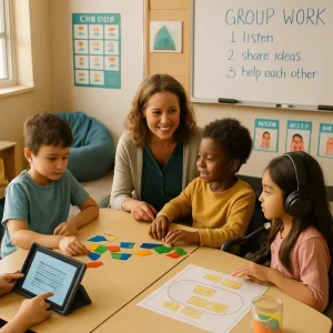 A warm, candid classroom moment where a kneeling teacher guides a diverse small group — including a student in a wheelchair and a child wearing headphones — through hands-on manipulatives and a tablet using text-to-speech. Nearby partners work with a graphic organizer and sentence-starter cards. Visible supports (clear visual schedule, calm-down corner with a beanbag and sensory tools, large-print whiteboard instructions, labeled role cards, and a jar of colorful exit-ticket slips) underscore accessibility, empathy, and practical collaboration in a bright, naturally lit learning space.