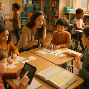 In warm natural light, an intimate, photorealistic classroom captures a teacher kneeling at a low table modeling a think‑aloud while diverse students collaborate—pairing over sentence‑frame cards, role‑playing, signing and pointing to picture aids, a student in a wheelchair fully engaged, an EAL learner using visuals, a gifted pupil researching on a laptop and another recording an oral response into a tablet. Colorful learning stations, sticky‑tabbed pages and highlighted vocabulary underscore inclusive differentiation and calm, purposeful pacing.