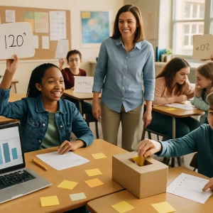 In warm natural light a wide-angle, documentary-style classroom scene captures a smiling teacher circulating among a diverse middle-school group as multiple low-stakes assessment routines unfold: students hold up mini whiteboards with quick answers, one slips an anonymous exit-ticket sticky into a collection box, a pair leans in for a think-pair-share over a worksheet, and another marks a 1–5 confidence scale. Sticky notes and small prompts dot the desks; a teacher laptop displays a simple bar chart of class responses. The candid, shallow-depth-of-field photograph emphasizes supportive, constructive interactions and realistic expressions—ideal for an article on formative assessment essentials.