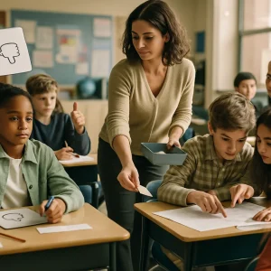 A warm, documentary-style snapshot of a diverse middle school classroom during formative assessment: students at desks hold small whiteboards and markers—some flashing thumbs-up or thumbs-down—while the teacher walks between rows collecting tiny folded exit-ticket slips into a tray. Two students lean over a worksheet in a focused CER-style evidence discussion, pointing and deliberating; another student writes quickly on paper. Authentic classroom details—pencils, papers, backpacks and blurred posters—are caught in soft natural window light and a shallow depth of field. Hands and the teacher are in sharp focus; candid expressions and body language convey collaboration, reflection and the quiet, purposeful energy of learning.
