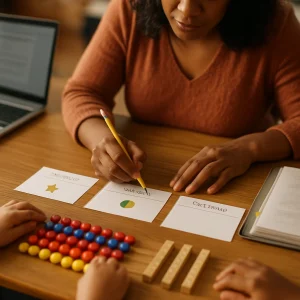 A warm, photoreal classroom close-up: a diverse middle-school teacher's hands mark one of three visual exit tickets—a gold star, a partially filled colored dot, and a blank—while in the foreground students arrange colored counters and wooden blocks into clear arrays and sequences and string beads into repeating patterns to show multiplicative reasoning; a laptop and binder with blurred, unreadable screens and sticky tabs suggest saved lesson plans, all bathed in soft natural light with shallow depth of field and realistic textures for a candid educational moment.