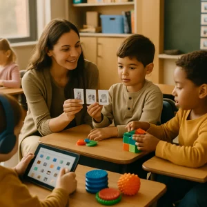 Warm, photorealistic classroom moment showing an attentive teacher kneeling at eye level while pre-teaching a routine with pictorial, icon-only step cards; a diverse group of elementary students engage in tactile, hands-on play—two children collaborating over large, textured manipulatives, one child using a hearing aid and another in a wheelchair at the table, and a student wearing headphones working on a tablet with a picture-based interface. Accessible materials and clear picture icons are visible on desks and a wall-mounted visual schedule of icon-only cards marks transitions; expressions are calm and supportive, shallow depth of field and high resolution emphasize the human connection and realistic classroom details.