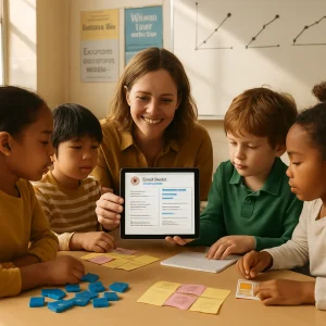 A warm, candid classroom moment: a teacher crouches to meet a small, diverse group at eye level, sharing a tablet 'learner snapshot' while children use manipulatives, sticky-note learning maps and quick-check cards beneath sunlit developmental diagrams and multilingual posters — inclusive tactile details (hearing aid, tactile aid) and soft, documentary textures convey hands-on discovery and belonging.