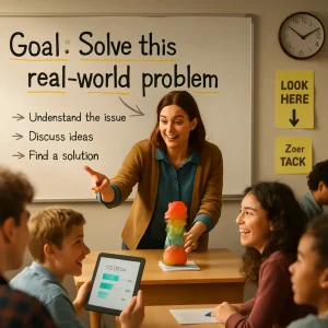 A warm, cinematic classroom pause where a smiling teacher in their 30s performs a surprising, colorful desk demo under a bold whiteboard header "Goal: Solve this real-world problem" — highlighted keywords, arrows and a conspicuous yellow "LOOK HERE" cue draw several students forward, eyes fixed and smiling, while peripheral classmates are softly blurred to show selective attention. A student holds up a tablet showing a live poll, a side group works on a quick 2‑minute task, sticky-note signposts and concise bullet points punctuate a tidy room; a wall timer reads about 10–15 minutes, natural warm light and shallow depth of field give the photoreal scene a focused, cinematic feel that celebrates attention as the gateway to learning.