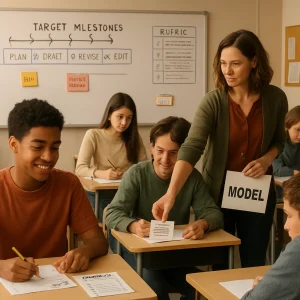 Photorealistic, documentary-style classroom scene showing the practical process of fading supports: foreground a confident student at a desk using a laminated self-checklist and quietly marking an exit-ticket; a nearby peer offers minimal help while another student works independently. The teacher stands slightly back, gently removing a small prompt card from a student's desk while holding a modeling cue ready to restore if needed. A whiteboard behind them shows a staged timeline of target milestones, a rubric checklist, and sticky notes labeled mini-quiz and formative checkpoint. An easel chart displays a rising bar graph with narrowing error bands (decreasing variance, increasing accuracy). To the side a subtle rescue vignette captures a frustrated student as the teacher temporarily restores a scaffold and gives targeted feedback. Warm tones, realistic lighting, high detail, candid educational atmosphere emphasizing gradual release and growing learner autonomy.