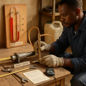 Documentary-style mid-angle close-up of a small African field workshop where a technician in work clothes and gloves calibrates low-cost flow instruments: a wooden bench holds a clear U-tube manometer of dyed water/glycerin with a hand-drawn scale, a homemade PVC Venturi, a scrap-steel orifice plate clamped into pipe, and a brass Pitot tube with flexible brake-line tubing. A bucket-and-timer with jerry can and stopwatch, tape measure, wrenches and handwritten calibration notes scatter across the dusty concrete floor and simple shelving. Warm natural sunlight and high detail emphasize hands-on, robust locally-sourced materials and practical ingenuity.