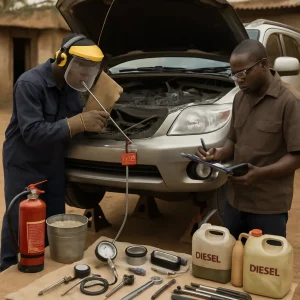 Photorealistic documentary image of two African mechanics performing careful diesel diagnostics in a dusty outdoor workshop, with a clear emphasis on safety and practical problem solving. The vehicle sits on jack stands with sturdy improvised supports and wheel chocks; the battery negative cable is disconnected and tagged. One mechanic, wearing safety glasses, a face shield, heavy leather gloves and ear protection, uses a long screwdriver as a listening stethoscope on an injector while a cardboard shield catches any tiny spray. The other records readings on a clipboard and holds a digital multimeter. A clean tarp nearby neatly displays essential low‑cost tools and consumables—compression tester with diesel adaptors, hand fuel-pressure gauge and graduated syringe, clear tubing into a jar for return-flow testing, tachometer/stopwatch, torque wrench and basic hand tools—alongside a fire extinguisher, absorbent sand bucket and labeled fuel containers. Natural daylight, high-detail textures and a documentary composition underscore safe procedures, resourcefulness and technical skill.