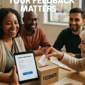 Warm photorealistic editorial of diverse adult learners around a wooden table in a bright modern study space. Close-up on hands and warm smiles: one person holds a tablet displaying an end-of-course survey with a highlighted "Submit" button and a small "Linkki" button, another writes a short feedback card and slips it into a wooden suggestion box labeled "Feedback." Soft natural window light and shallow depth of field create a sincere, grateful atmosphere; upper third left clear for article title overlay.