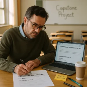 Photorealistic editorial portrait of a focused teacher at a tidy wooden desk drafting a capstone lesson plan; the laptop screen shows a course discussion board post titled Your Final Task: The Capstone Project, a printed lesson-plan sheet foregrounds a bold Learning Objective line with bullet points reading micro-task and reflective prompt, and a sticky note labeled low-stakes assessment sits beside pens and a coffee cup. Warm natural window light bathes a soft classroom background of empty desks and a whiteboard reading Capstone Project, while shallow depth of field and high-resolution detail capture the quiet, purposeful moment.