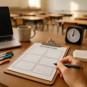 A warm, photorealistic morning moment: a single printed lesson-plan on a clipboard—clear boxes, blank lines and checkboxes but no readable text—while a hand holds a pen poised to write. Soft natural light and shallow depth of field isolate a teacher's desk cluttered with a laptop, coffee mug, colored markers, an analog timer, sticky notes with illegible scribbles and a small stack of student handouts, the classroom rows and whiteboard blurred in the background.