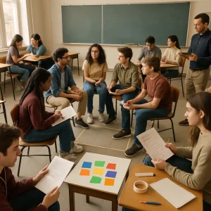 Photorealistic wide-angle classroom candid of low-prep simulations: a central fishbowl of 4–6 students actively debating while an outer circle of peers observes and takes notes on paper and clipboards. Nearby pairs swap handwritten problem sheets as one partner thinks aloud and the other listens; a small table displays spread colored emotion cards for quick empathy snapshots, masking-tape zones mark huddle areas, and scattered pens, loose sheets and a roll of tape give a lived-in, documentary feel while a teacher stands to the side quietly recording observations in warm daylight.