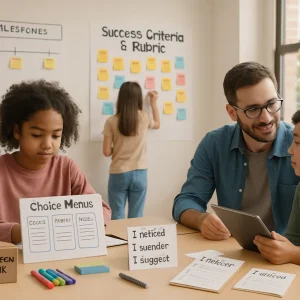 A photorealistic, documentary-style classroom capturing a teacher in a 5-minute mini-conference with a student holding a tablet while diverse students work at tables using low-prep choice menus labeled 'Content / Process / Product'. Sticky notes cluster on a poster titled 'Success Criteria & Rubric', a suggestion box and clipboards with exit tickets sit nearby, a wall timeline shows project milestones with sticky-note checkpoints, and peer-feedback cards reading 'I noticed / I wonder / I suggest' are in use; warm natural window light, visible markers, timers, and shallow depth of field emphasize the calm, productive energy of formative practice.
