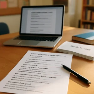 Photorealistic editorial image of a tidy teacher's desk bathed in warm daylight: foreground a crisp "ready-to-copy" lesson reflection sheet with clear prompts for learning intention, evidence of learning, surprises, one student to check in with, next steps/experiments, peer observation notes and coaching conversation starters. A black pen rests across the page, a stamped stack of identical sheets sits nearby and a laptop screen in the background displays the same template; soft classroom details blur into the background. Clean composition, shallow depth of field and natural tones make this ideal for an article on reflective practice and instructional coaching.
