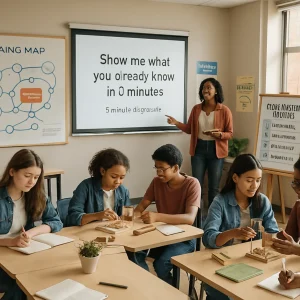 Wide-angle editorial photograph of a modern classroom mid-lesson: a teacher launches a 5‑minute diagnostic projected with the prompt "Show me what you already know in 5 minutes," while a prominent learning map on the wall marks progress with a "You are here" pin. Clusters of diverse students sketch and prototype micro-projects at tables, mixed-ability pairs exchange peer feedback, and an easel displays a behavior-based rubric labeled "1 emerging — 4 advanced." Several students quietly write reflective notes for 10–15 minutes as the teacher circulates offering formative guidance; posters show branching paths labeled "extension" and "scaffold." Warm natural light, candid interactions, realistic textures, and shallow depth of field give the image a photorealistic, editorial quality ideal for an article illustration.